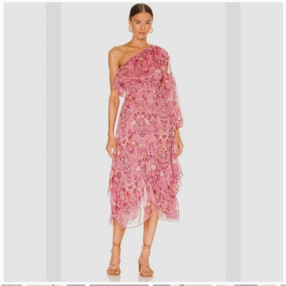 Misa Vola Dress Midi One Shoulder Revolve Cristobal Mirror Ruffle XL Red Pink
